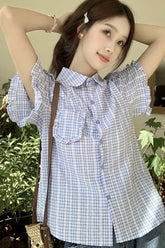 Short Sleeve Plaid Pattern Ruffled Blouse Shirt